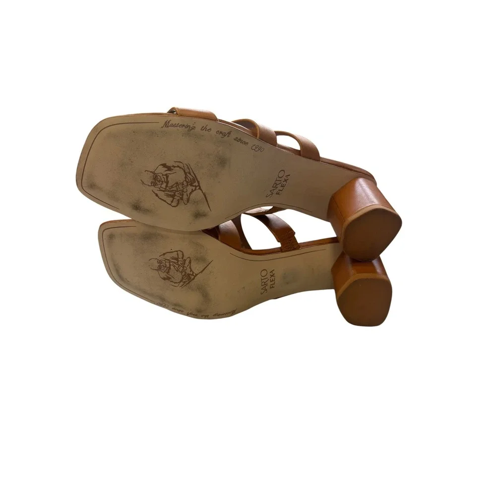 Sarto Flexa Carly Heeled Slide Sandals Cognac Square Toe Block Heel Mule 8.5